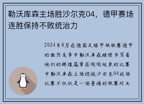 勒沃库森主场胜沙尔克04，德甲赛场连胜保持不败统治力