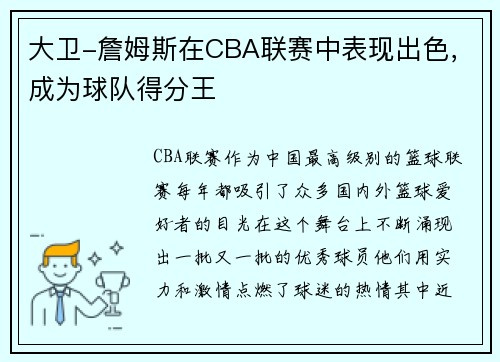 大卫-詹姆斯在CBA联赛中表现出色，成为球队得分王